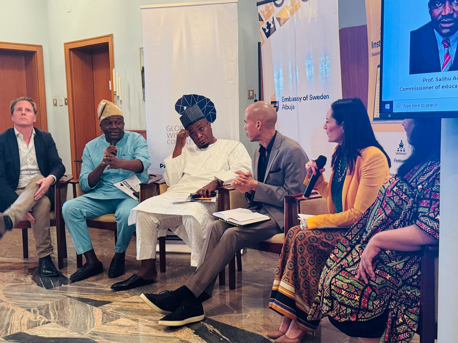 Panel discussion at the SchoolTry seminar in Abuja, with speakers from the Swedish Embassy and Nigerian education leaders