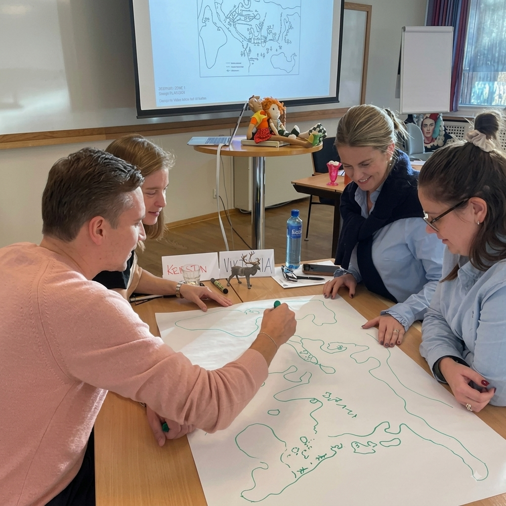 A workshop in progress — participants mid-conversation drawing a map together