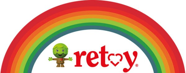 The Retoy logo under a rainbow