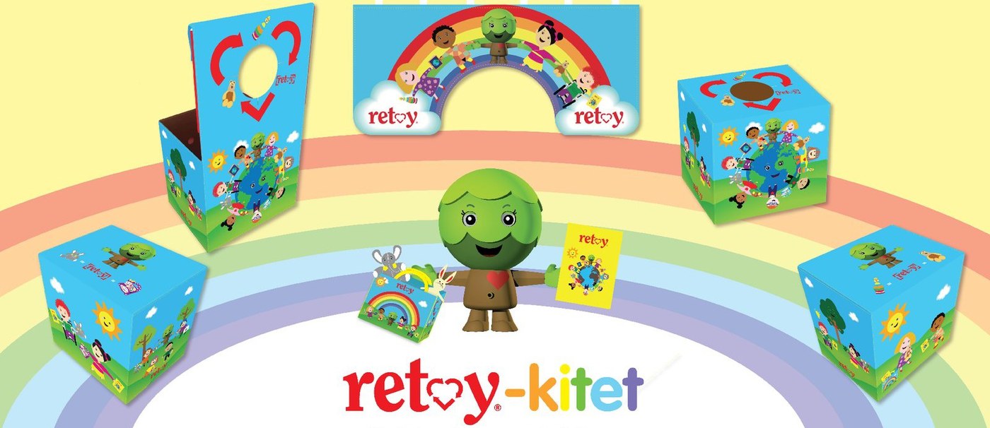 The Retoy kit: swap boxes, check-in stations, rainbow signage and craft materials