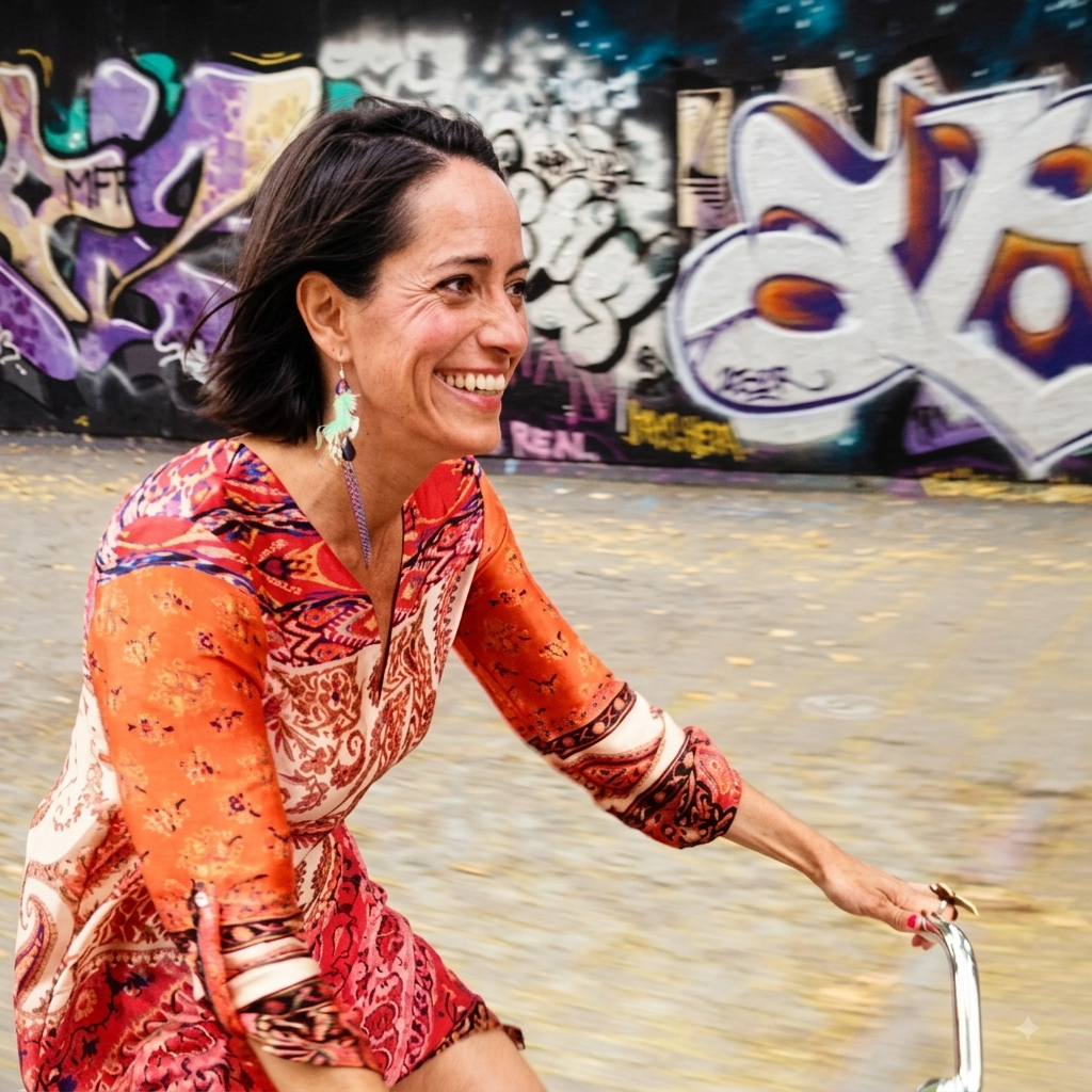 Sol Piñero Misa smiling while riding a bicycle past a graffiti wall