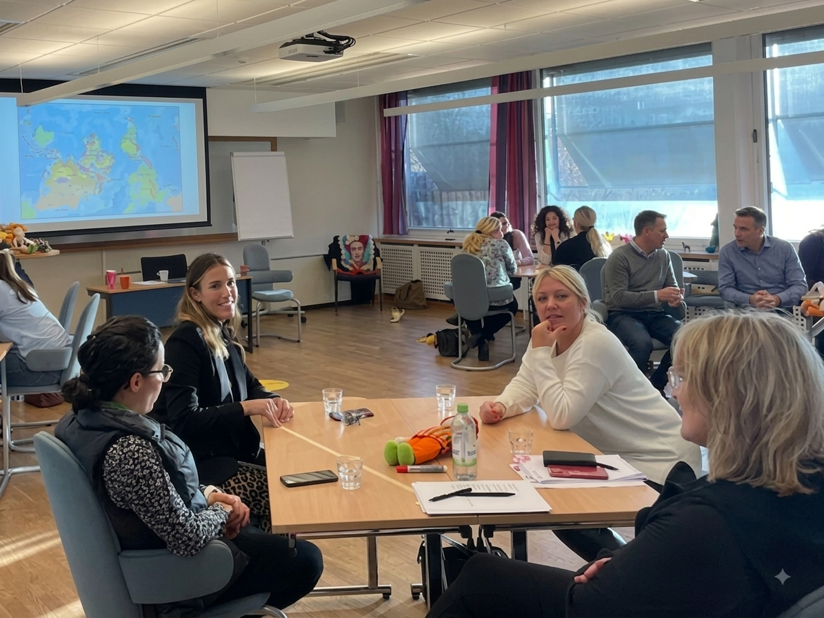 A dialogue circle — participants seated around a table in conversation